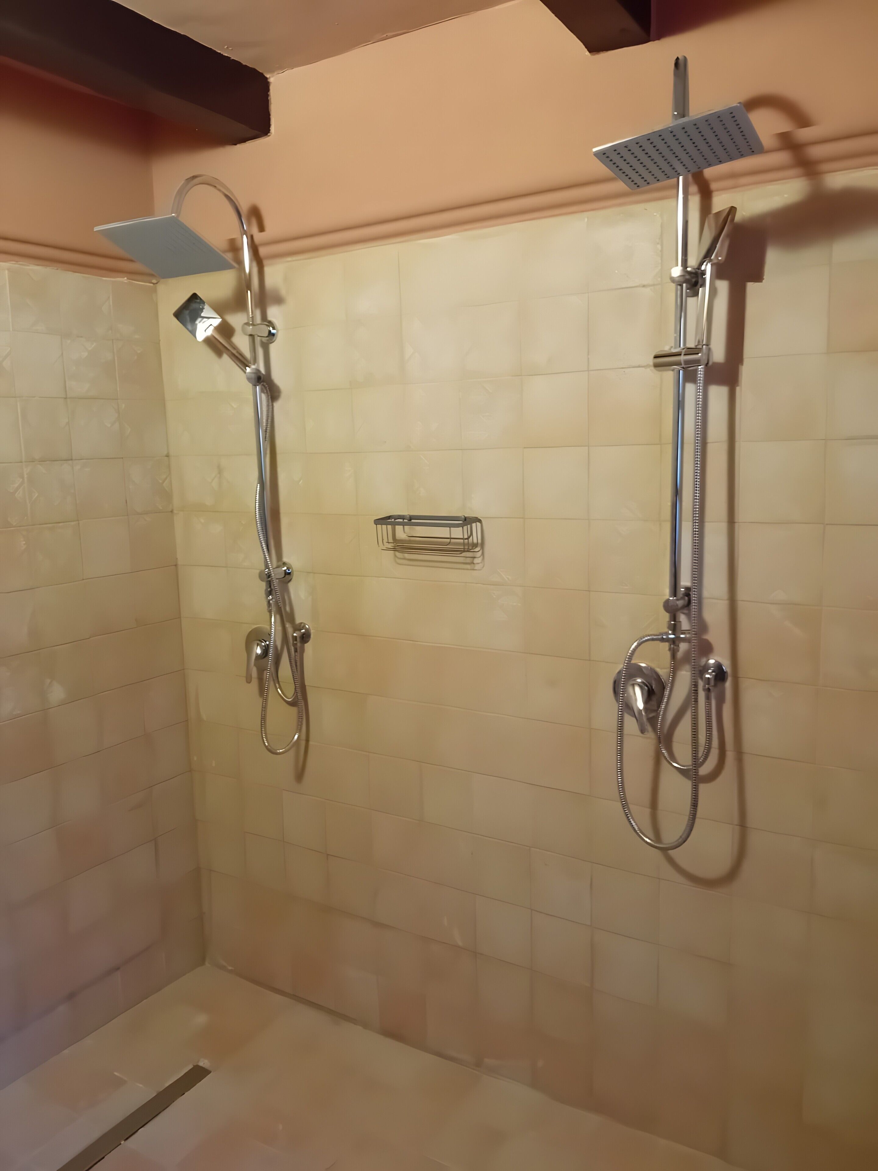 Ein Duschbereich mit Duschbrause, fester Duschbrause an der Wand und rechteckiger Duschwanne.
