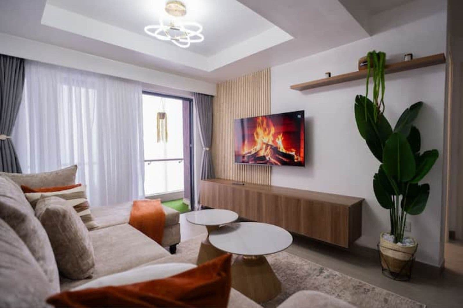 Un salon moderne comprenant un canapé, deux tables d’appoint, un téléviseur à écran plat et une grande plante.