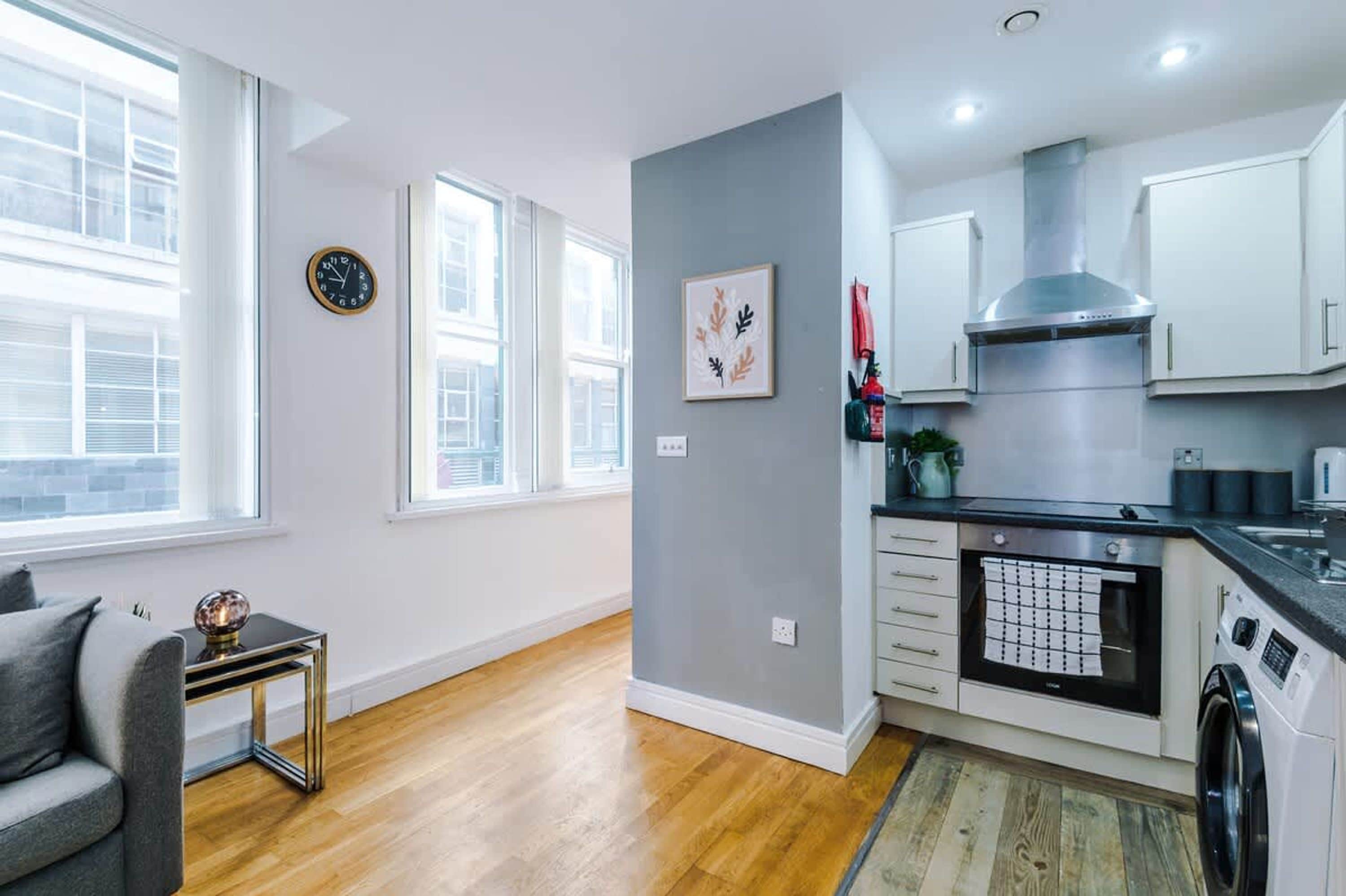 A modern kitchen with a built-in oven, a washing machine, and a grey wall with a framed artwork.