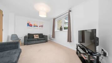 A living room with a grey sofa, a television, and a window with curtains.