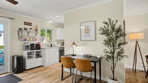 A compact kitchen with modern appliances, a dining area with two chairs, and a potted plant.