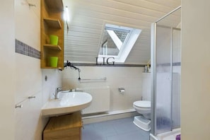 Un bagno con una finestra sul tetto, una doccia e un water.