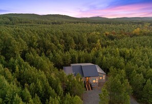 A house surrounded by dense forest with a clear sky. - EV Charger | Hot Tub | Games | Sleeps 16 (Broken Bow)