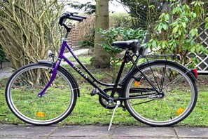 A stationary bicycle with a black frame and purple accents, parked on a paved surface with grass and foliage in the background. - Holiday home in Hooksiel with swimming pool (Hooksiel)