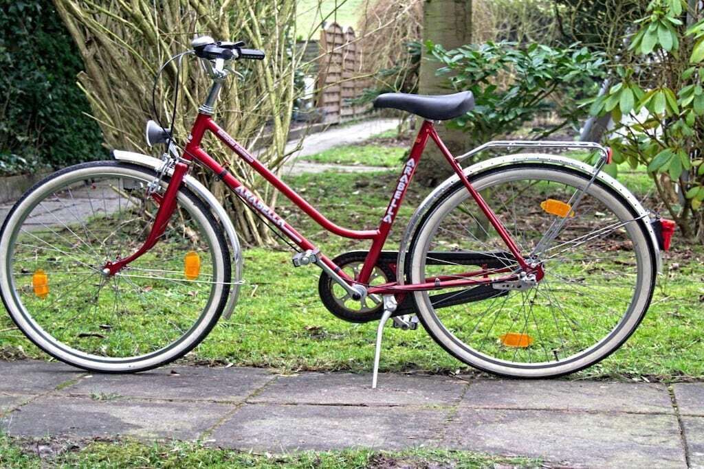 Ein rotes Fahrrad steht auf einem befestigten Weg, im Hintergrund grüne Vegetation.