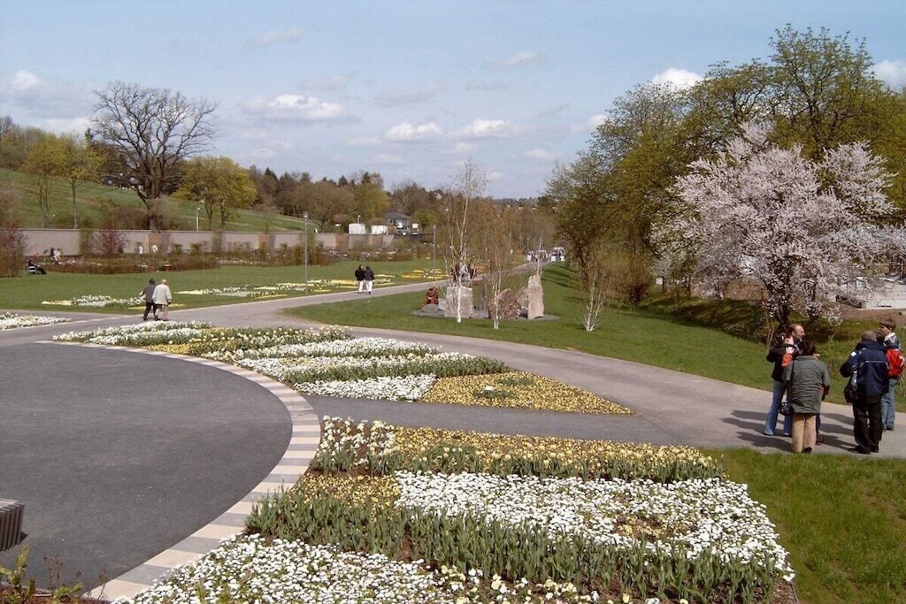A landscaped area with a curved pathway, flower beds, and a tree with white blossoms.