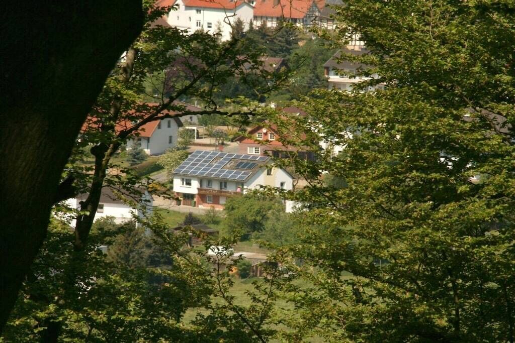 Un quartier résidentiel avec des maisons, dont une est dotée d’un toit recouvert de panneaux solaires, le tout entouré d’arbres.