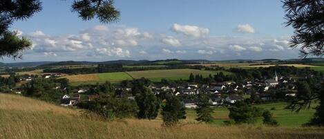 A rural landscape with a village, rolling hills, and a clear sky.