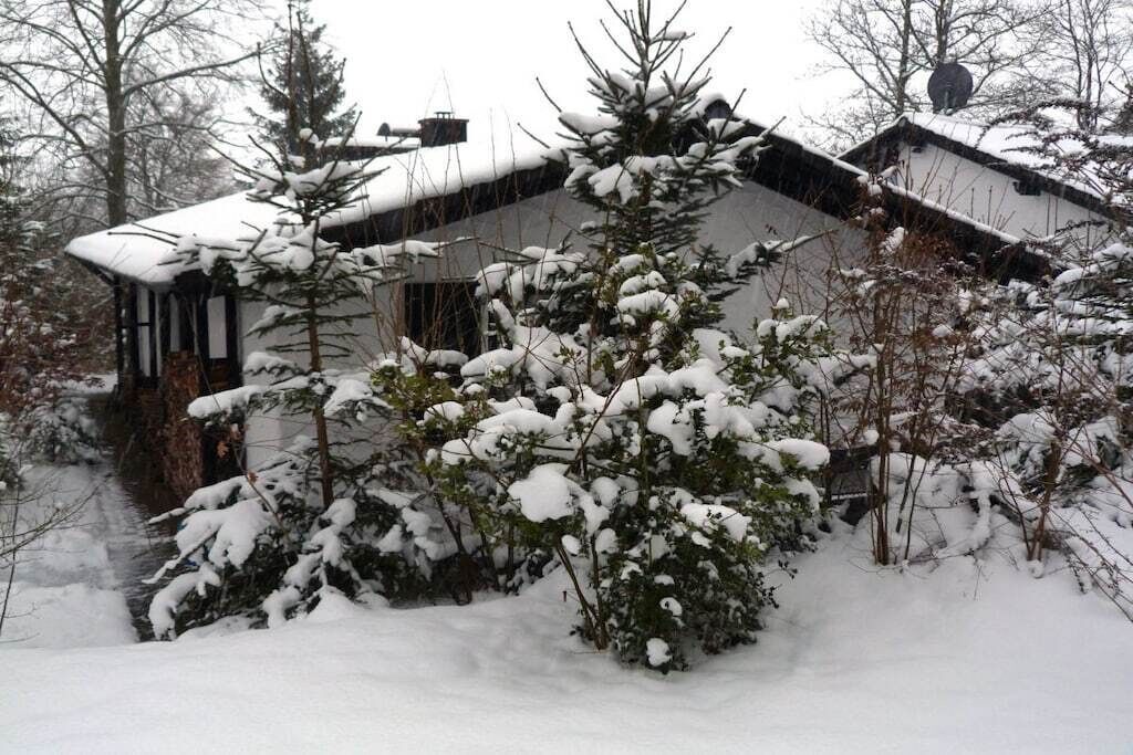 A snow-covered building with a sloped roof, surrounded by snow-laden trees and shrubs.