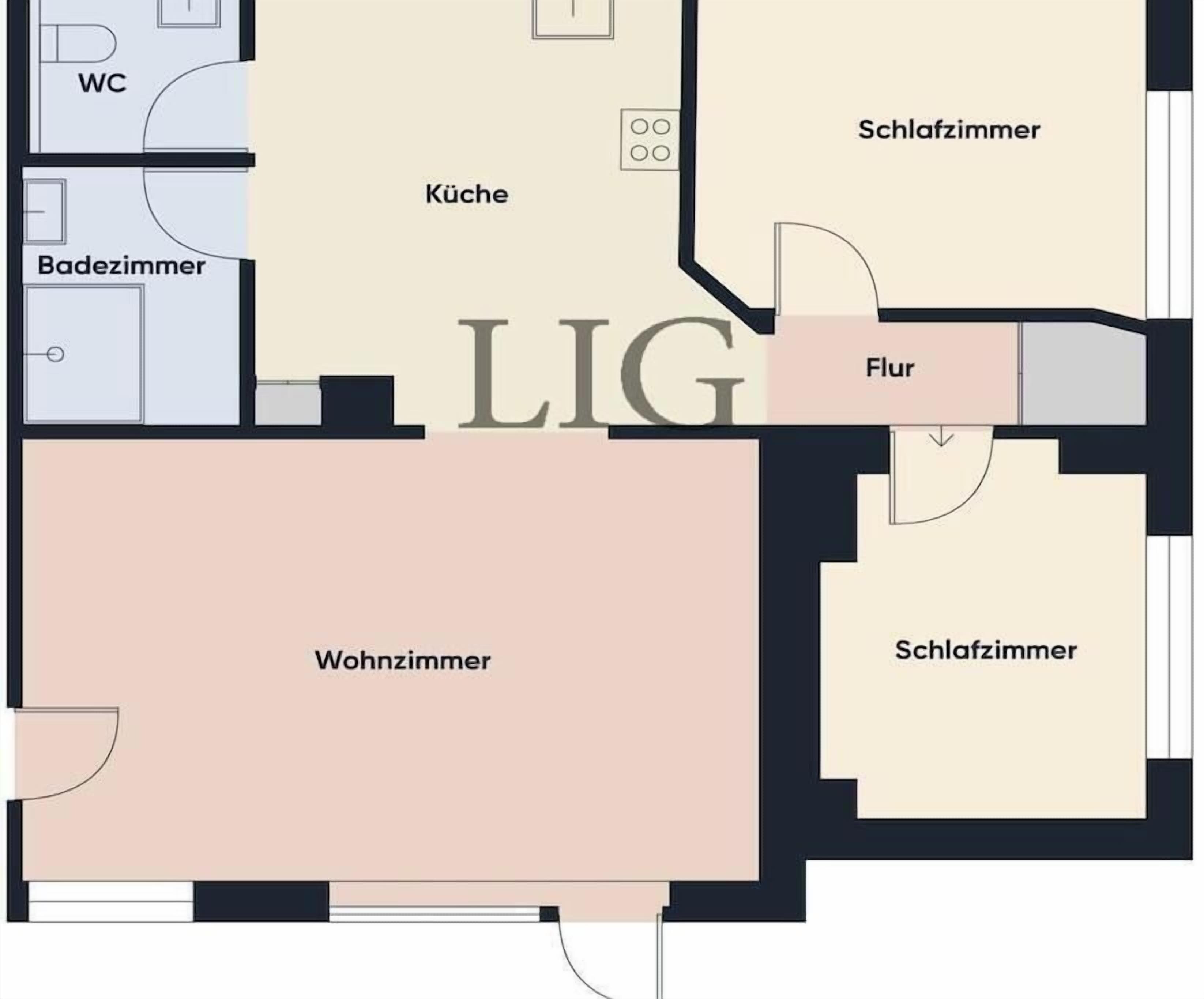 Planta baixa de um hotel mostrando uma sala de estar, cozinha, banheiro e dois quartos.