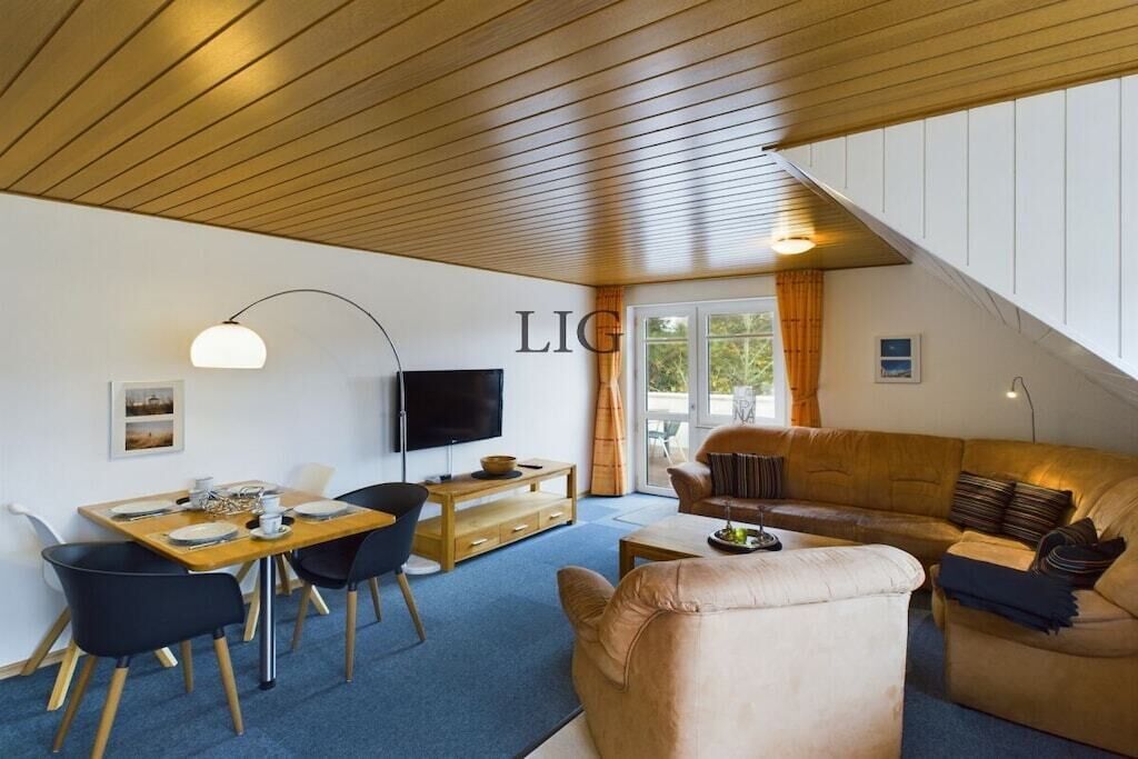Een moderne woonkamer met een houten plafond, een flatscreen televisie, een bank en een eethoek met stoelen en een tafel.