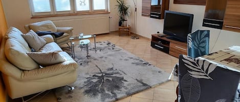 A living room with a sofa, a coffee table, a TV, and a plant.