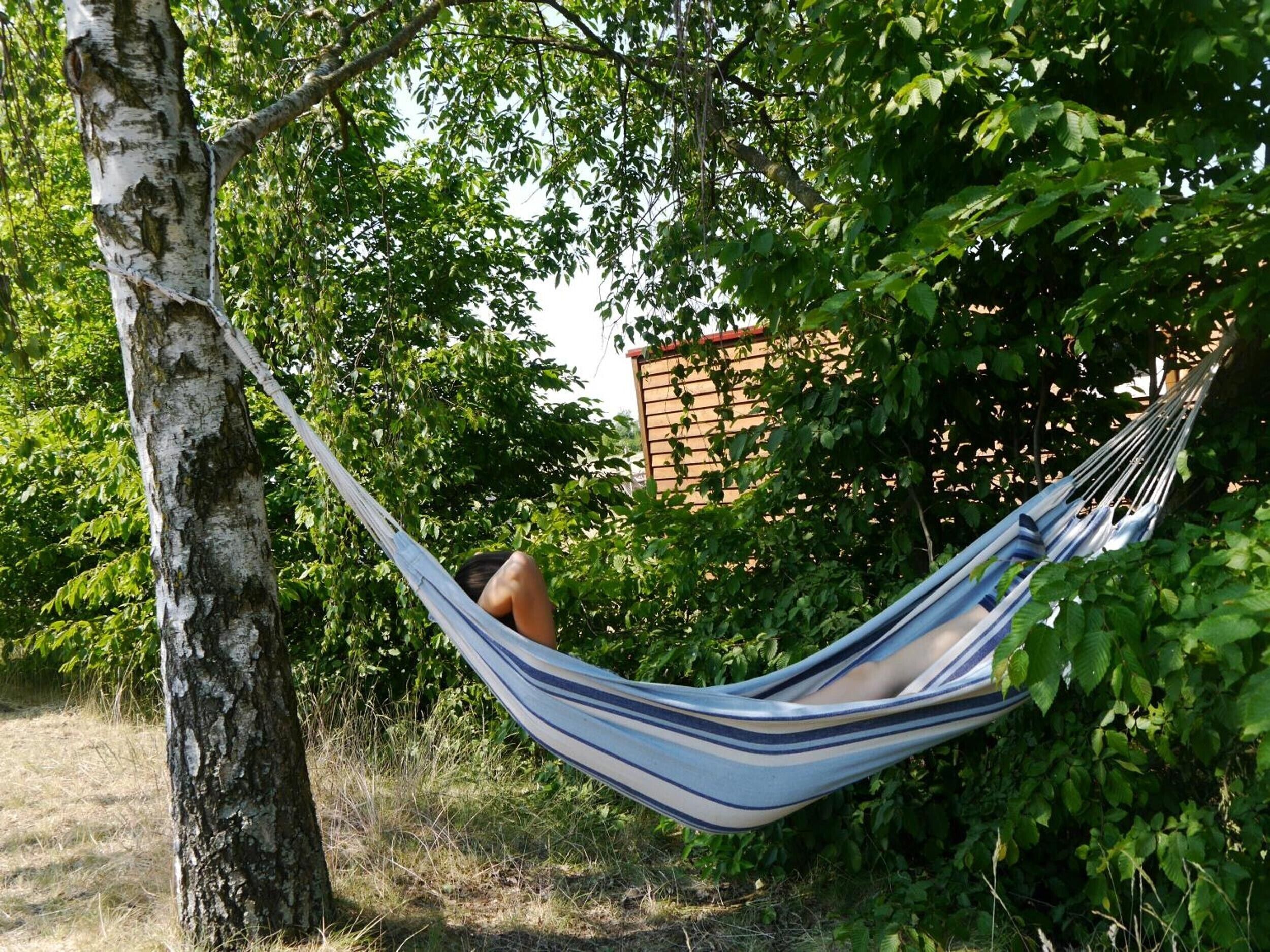 Eine Hängematze, die zwischen Bäumen in einer natürlichen Umgebung mit dichtem Laub und einem Gebäude im Hintergrund gespannt ist.