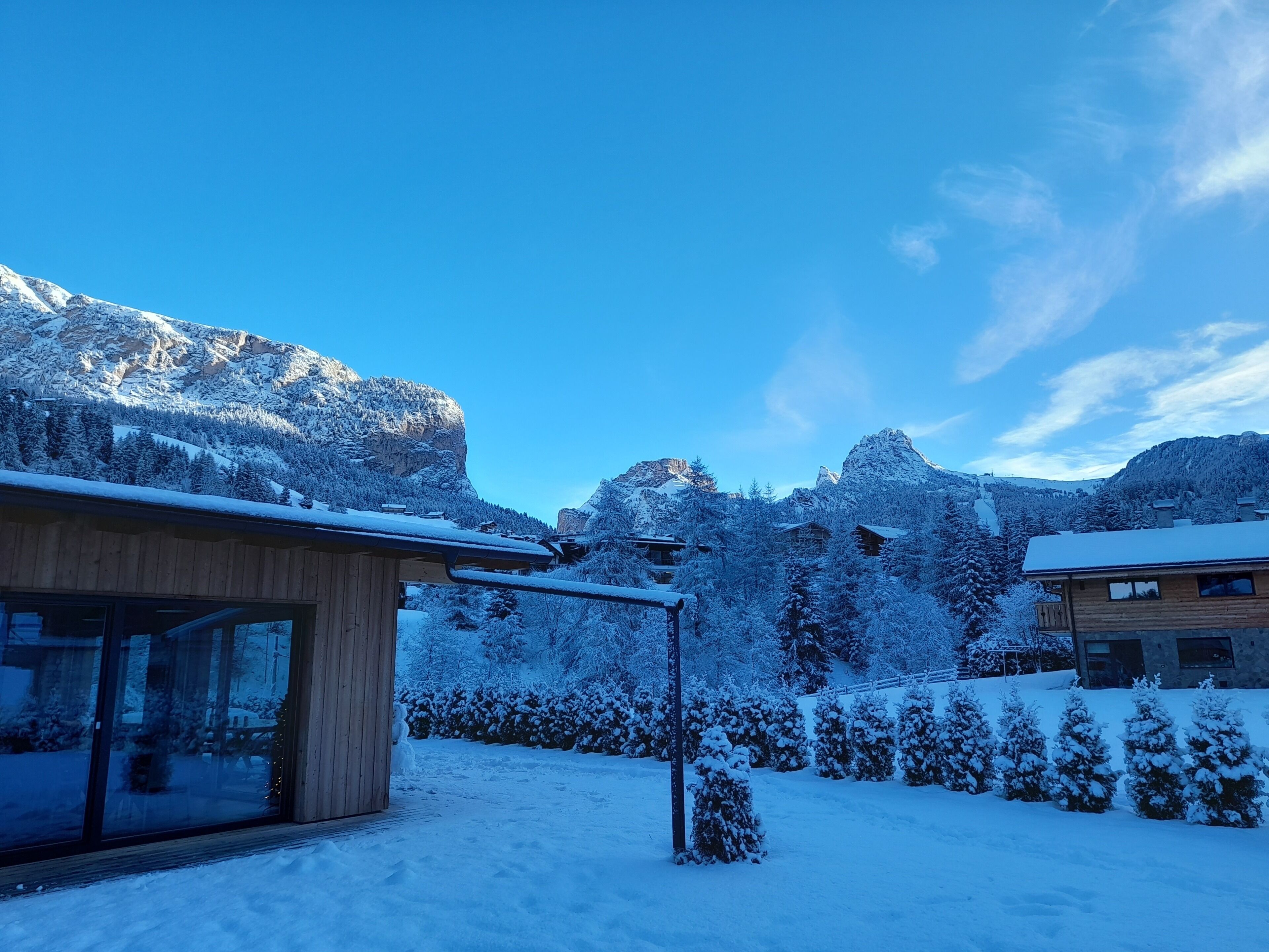 Une cabane en bois avec une porte en verre, entourée d’arbres couverts de neige et avec des montagnes en arrière-plan.