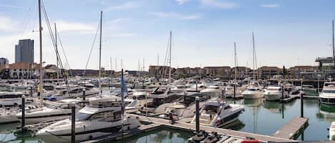 A marina with numerous boats docked, a clear sky, and buildings in the background.