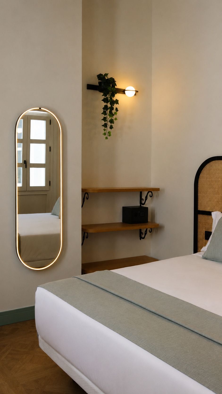 Quarto com cama, mesa de cabeceira, espelho, prateleira na parede com uma planta e luminária de parede.