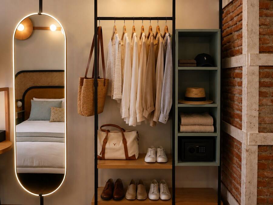 A hotel room with a bed, a mirror, a wardrobe with hanging clothes, shelves with shoes, and a brick wall.