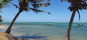 Een strand met helder turquoise water, palmbomen en verschillende boten afgemeerd bij de kust.