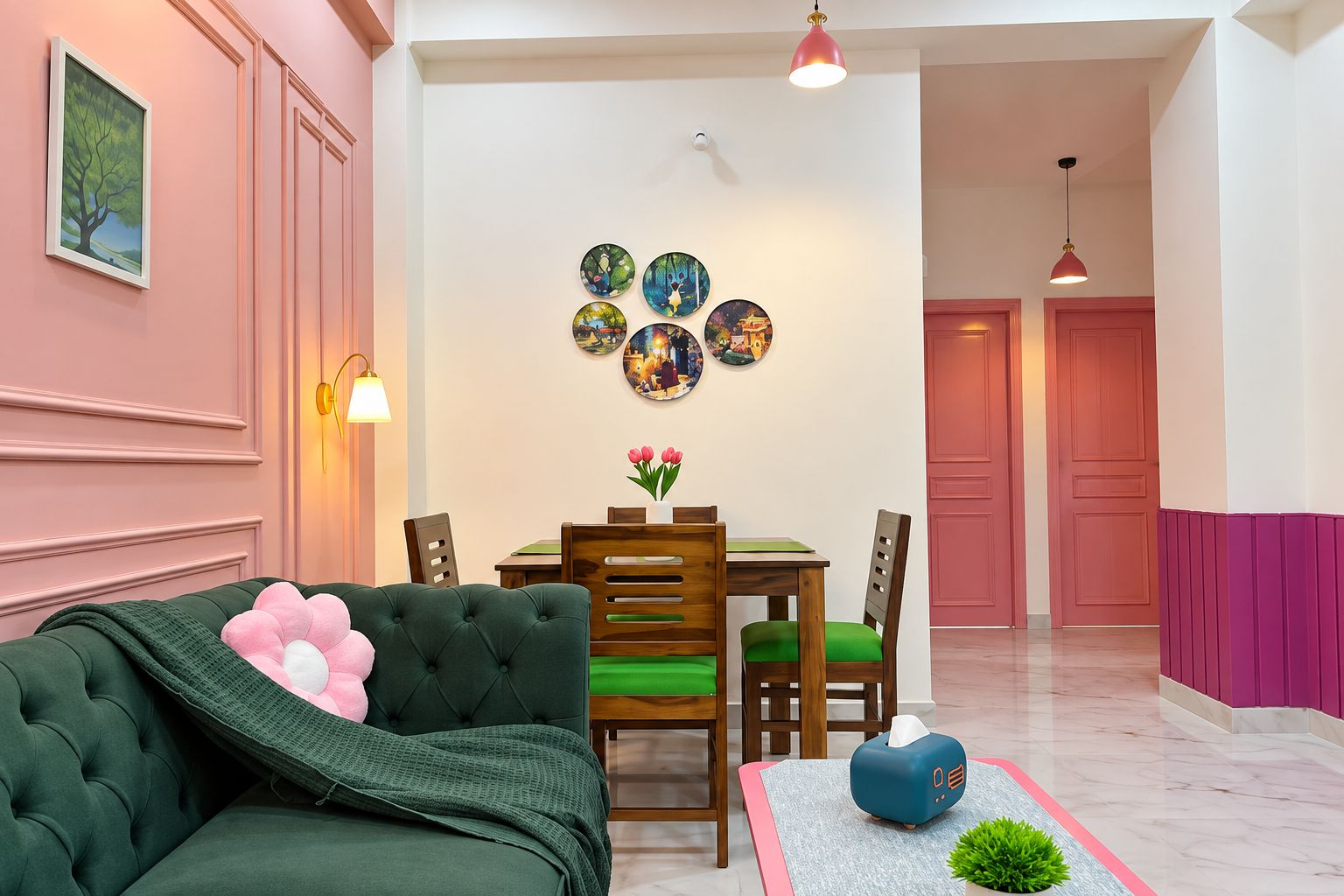 A cozy living room with a green sofa, a dining table with chairs, and a wall decorated with circular art pieces.