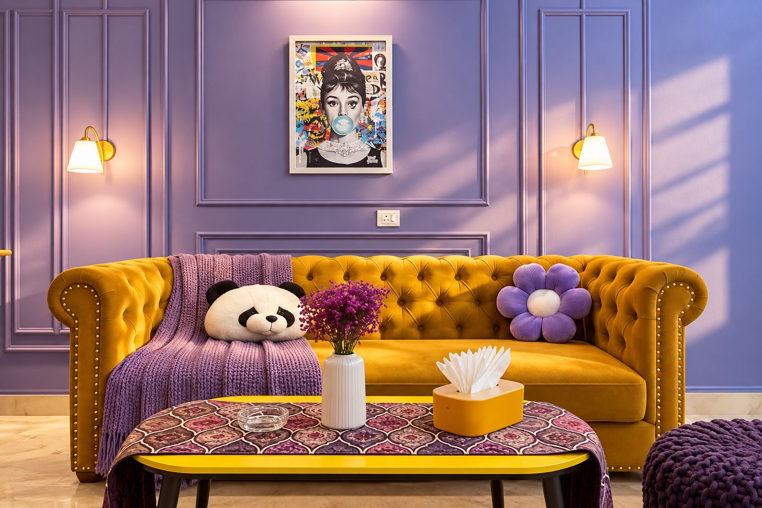 Una habitación con un sofá amarillo, un cojín de panda, un jarrón con flores, una caja de pañuelos y un mantel estampado.