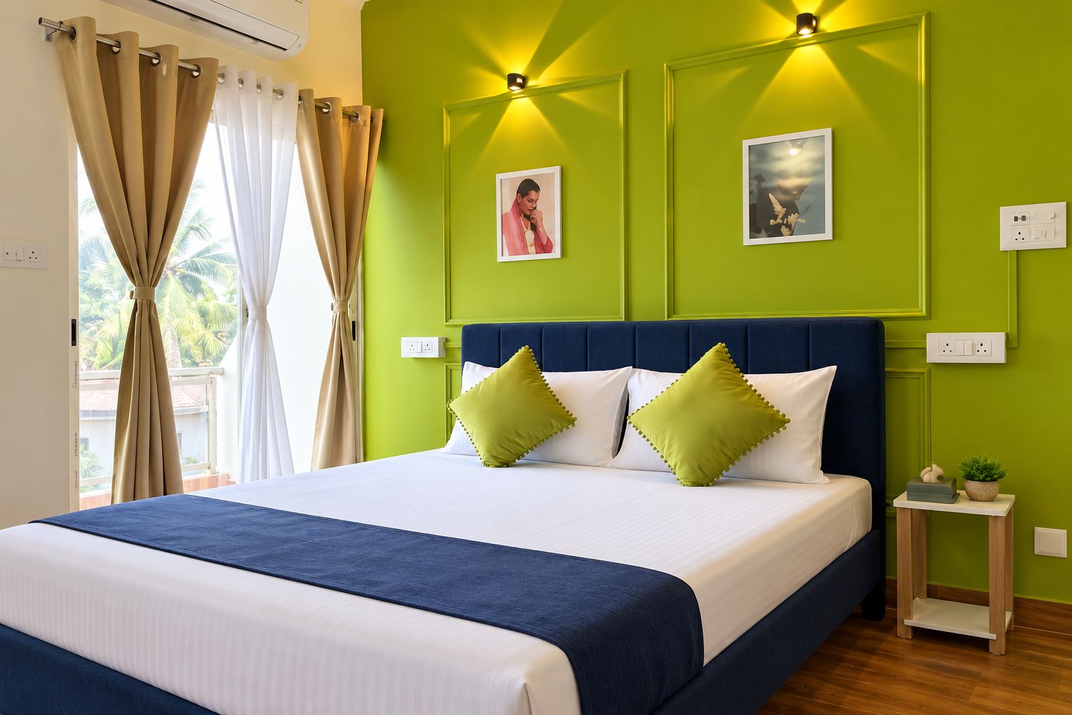 Una camera d'hotel con un letto, pareti verdi, due luci a parete, una finestra con tende e un piccolo comodino con una pianta.