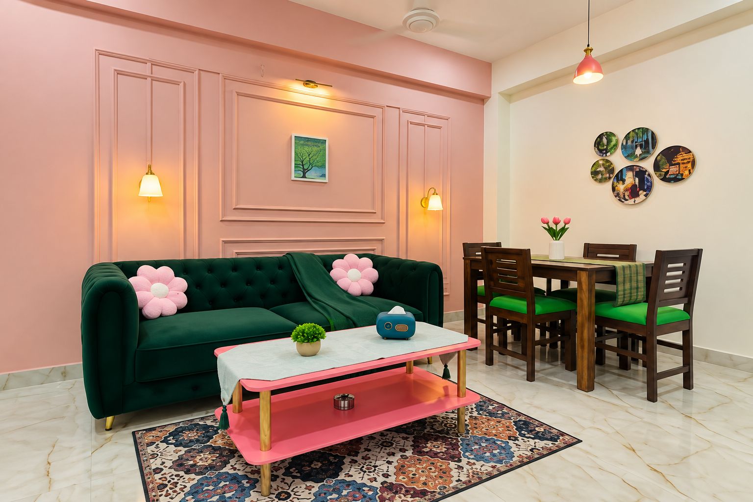A room with a green sofa, a small table, a dining set, and decorative wall art.