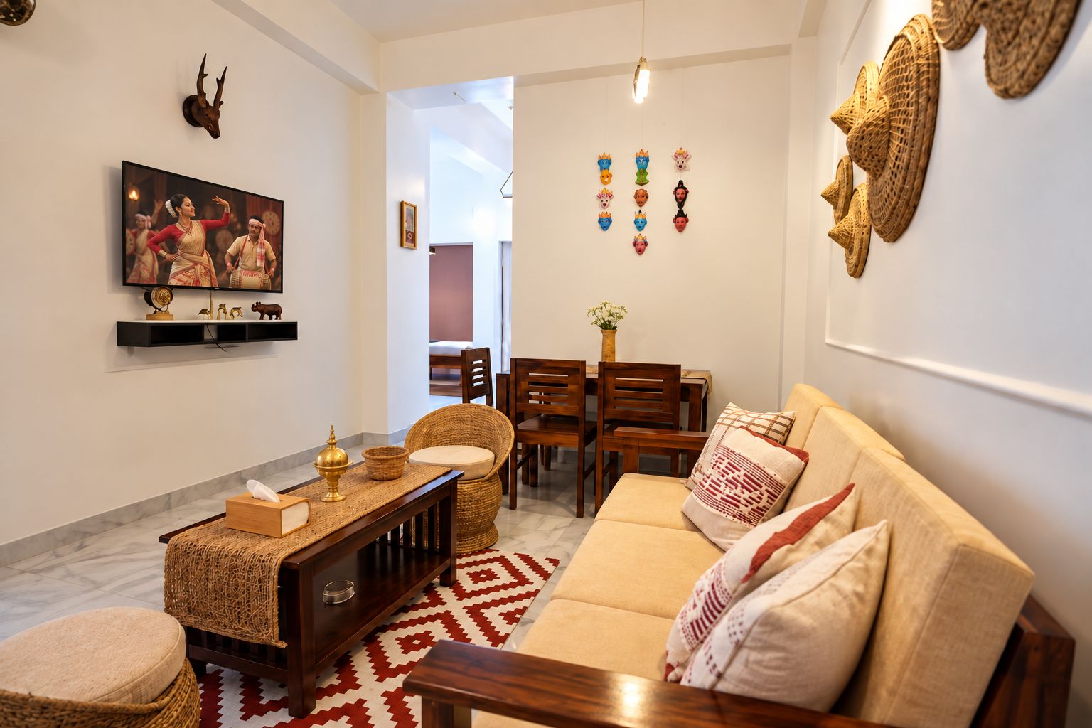 A living room with a sofa, a coffee table, and a dining area with chairs and a table.