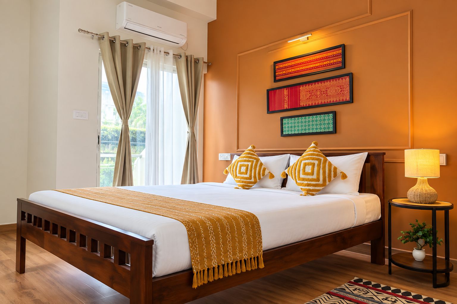Habitación de hotel con una cama de madera, cortinas color beige, aire acondicionado montado en la pared y una mesita con una lámpara y una planta.