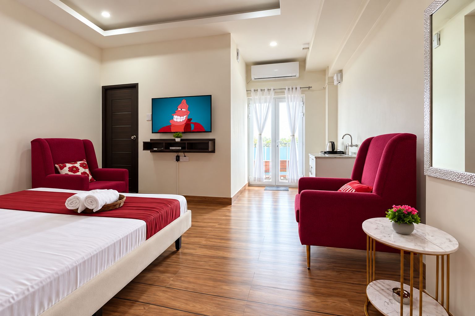 A hotel room with a bed, two red armchairs, a TV, a small table with a plant, and a view of the outside.