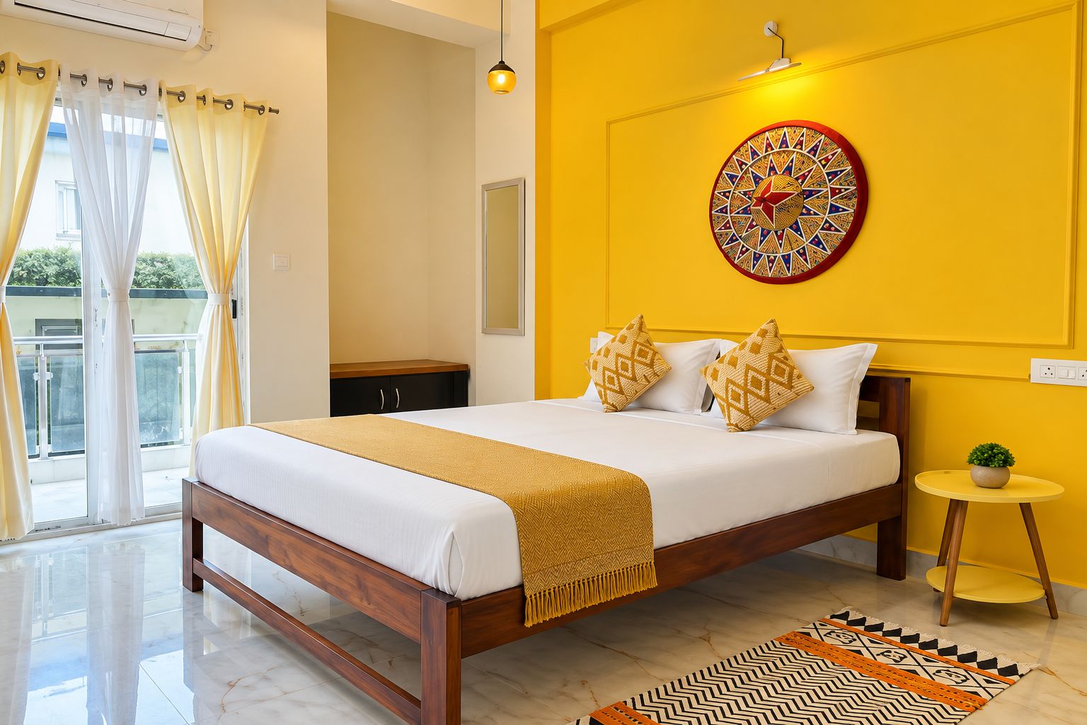 Habitación de hotel con cama, una mesita, lámpara de pared y vistas al exterior.