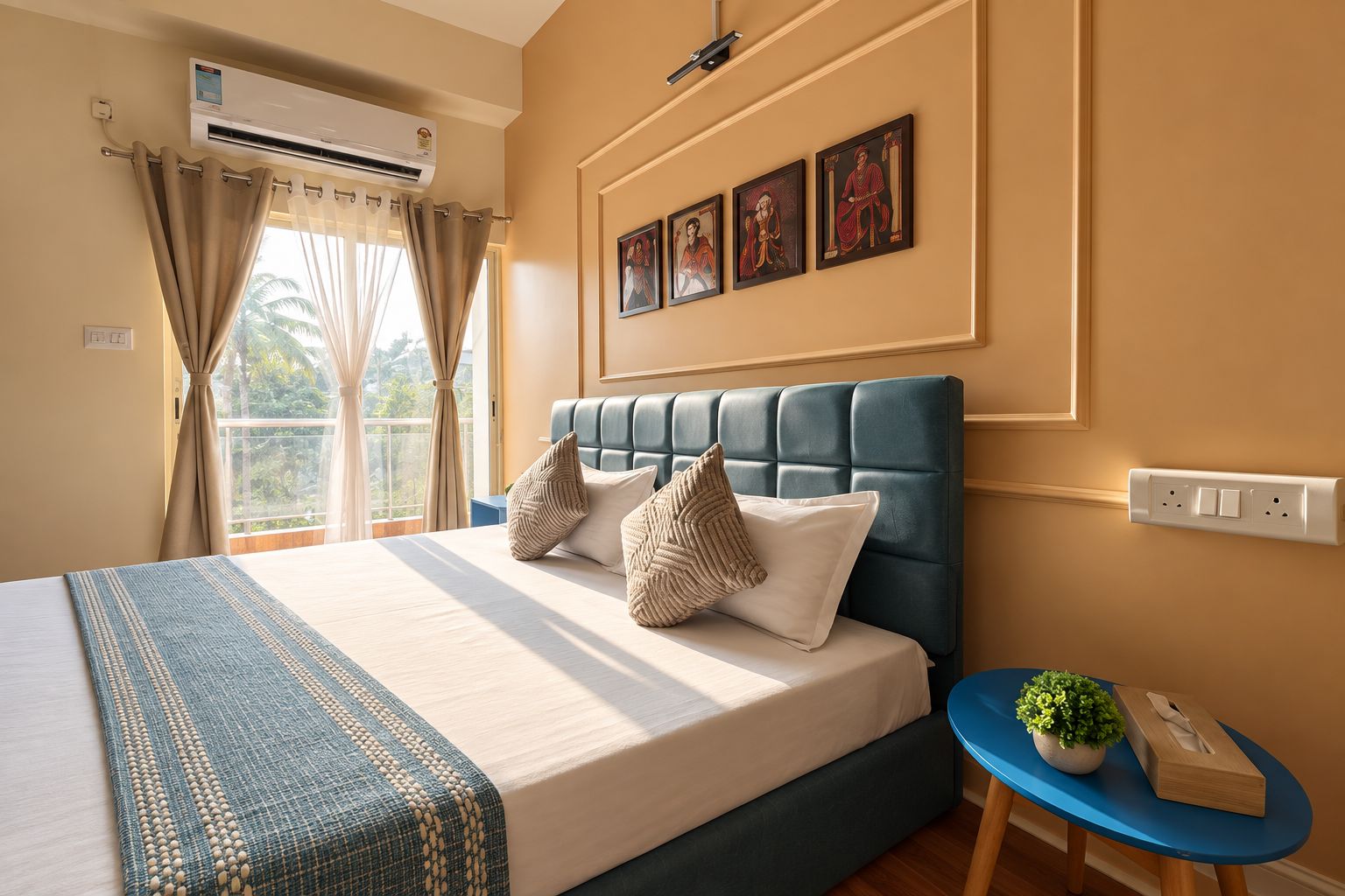 A hotel room with a bed, a bedside table with a plant, and a wall-mounted air conditioner.