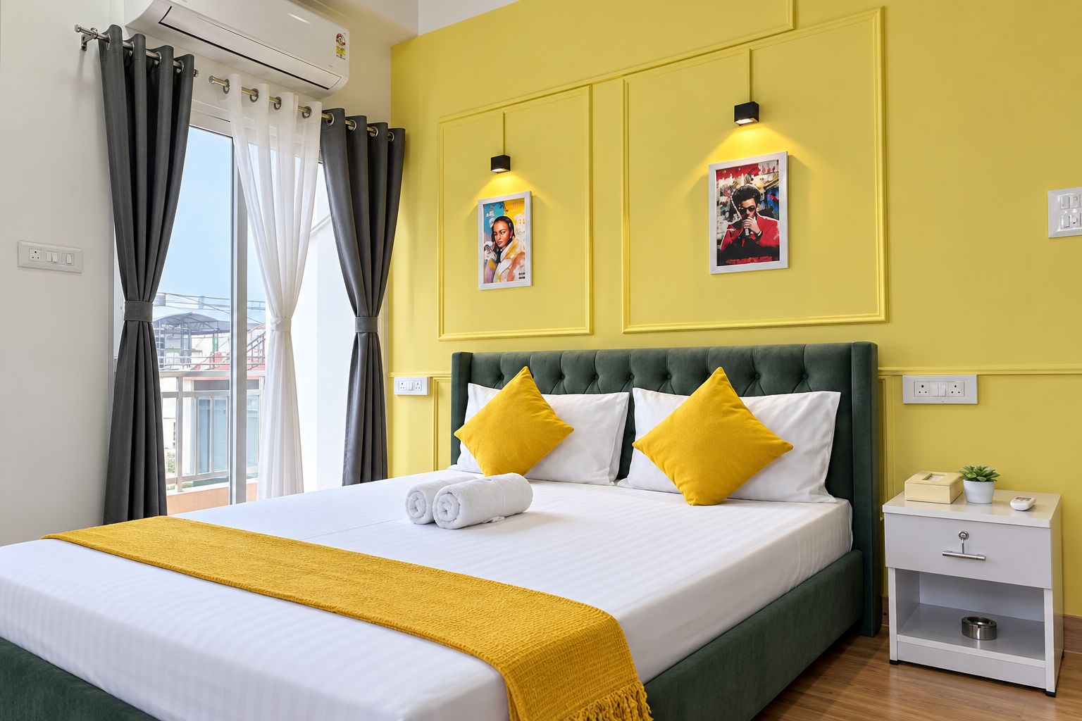 Habitación de hotel con una cama, paredes amarillas, un cabecero verde, dos almohadas, un plaid amarillo, una mesita de noche, una lámpara y un cartel en la pared.