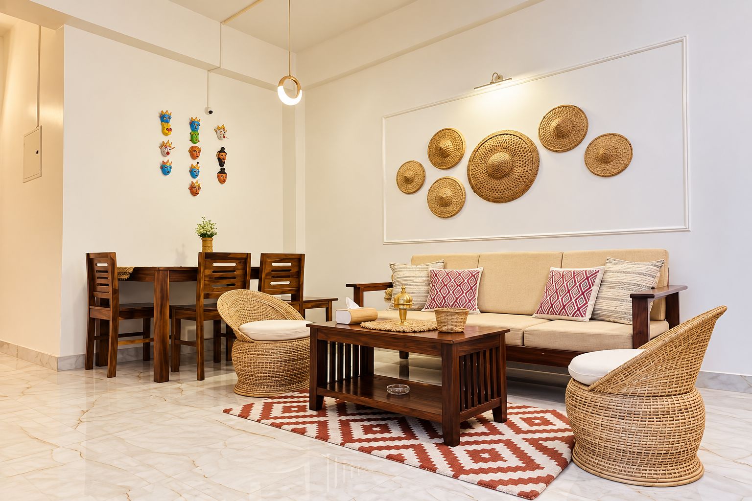 Una sala de estar con un sofá, dos sillones, una mesa de centro y una mesa de comedor con sillas.