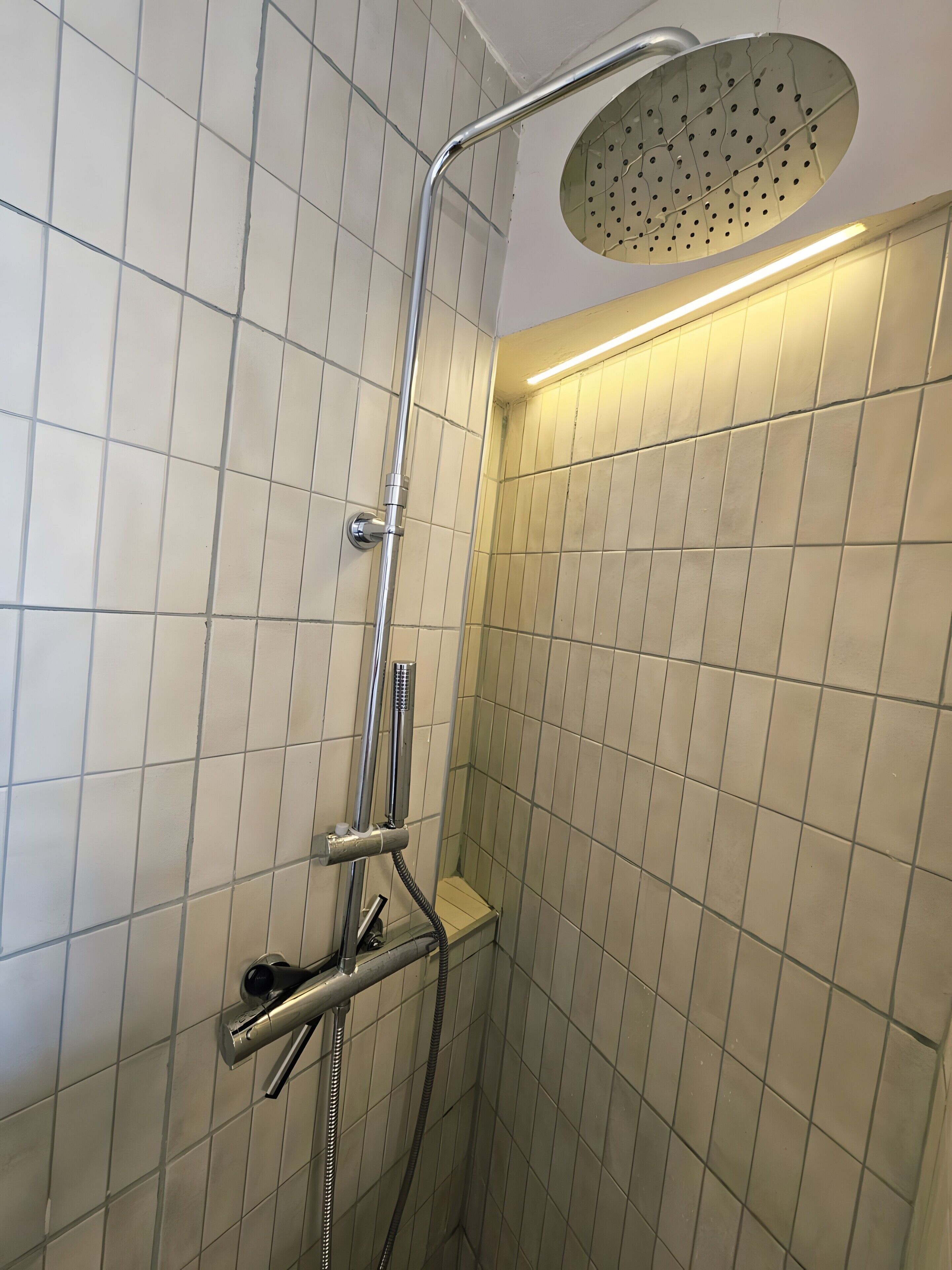 Une douche dotée d’un pommeau de douche supérieur incurvé, d’un pommeau de douche à main et d’un flexible de douche à main.