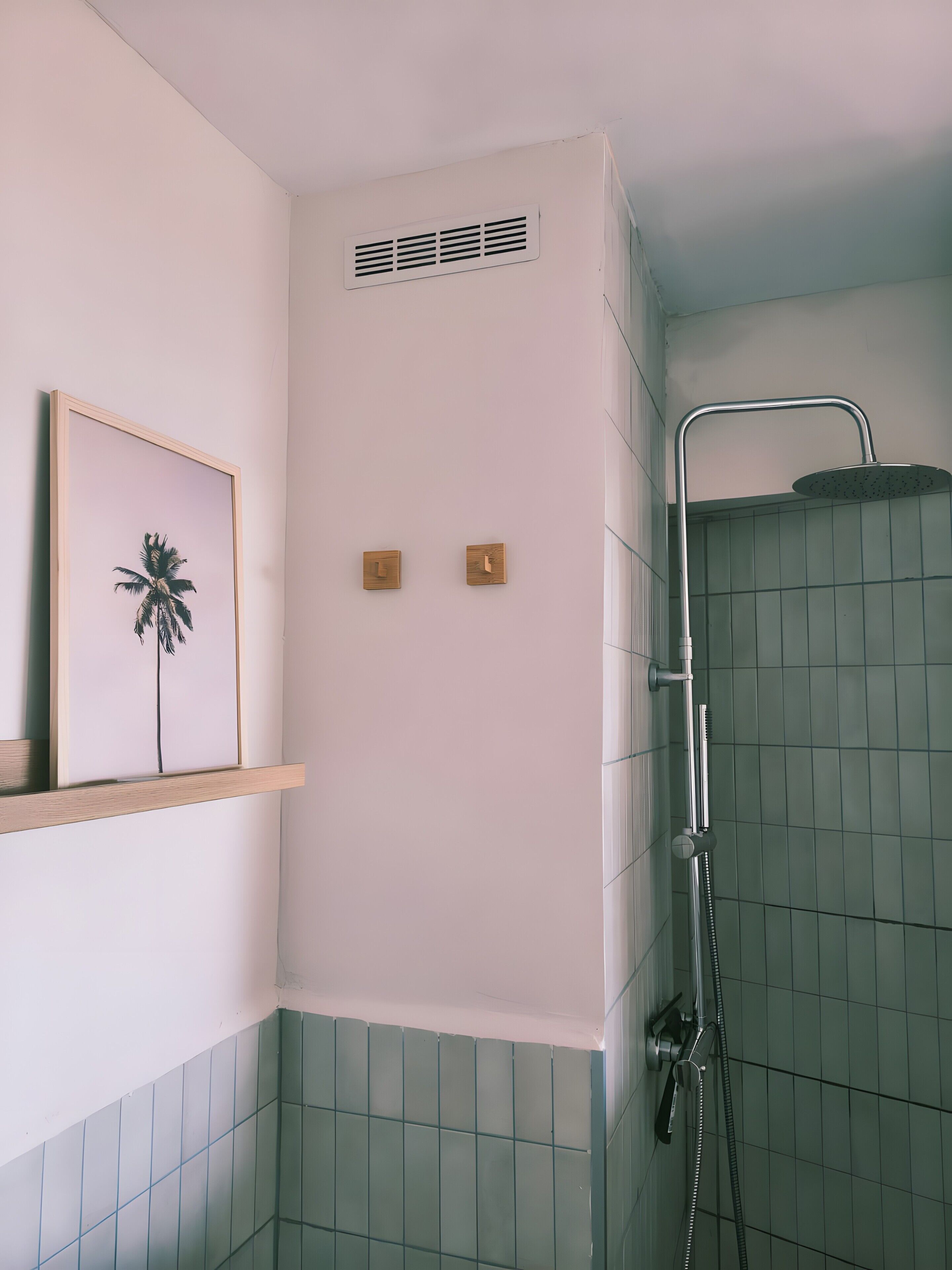 Un baño con ducha, un cuadro en la pared y un respiradero.