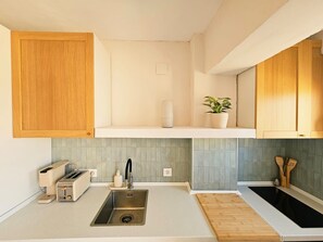 Une cuisine avec des meubles de rangement en bois, un évier, un grille-pain et une plante en pot.