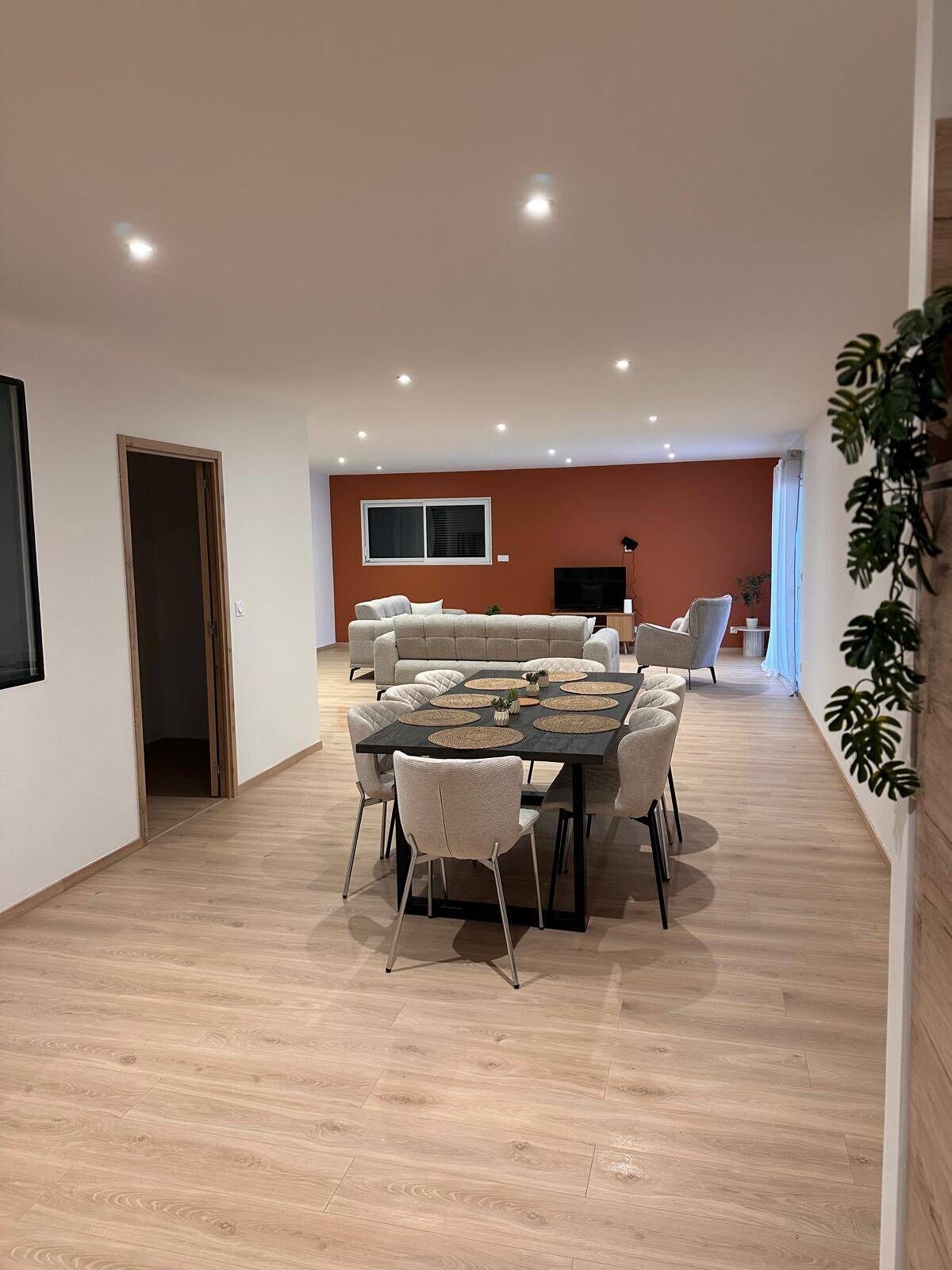 Un vaste espace de vie comprenant une grande table à manger, des canapés et un téléviseur.