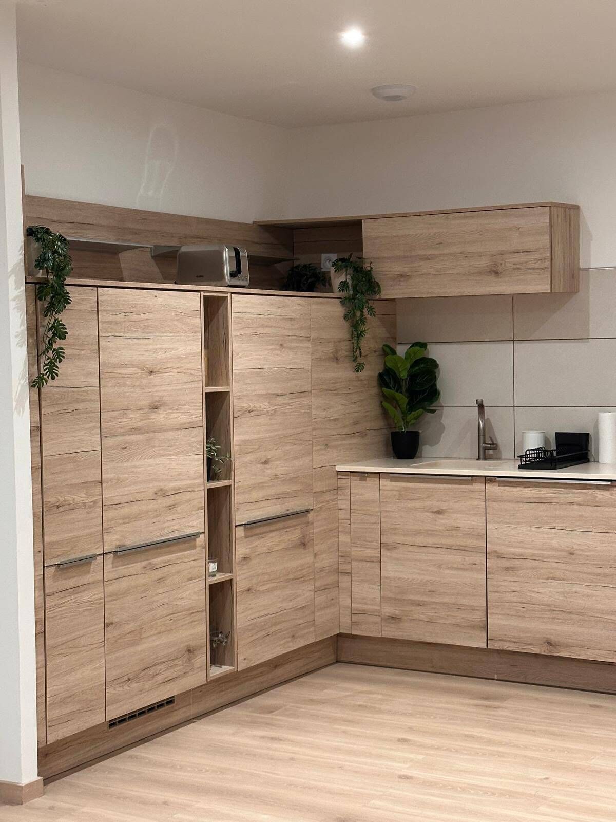Een moderne keuken met houten kastjes, een ingebouwde toaster en een potplant.