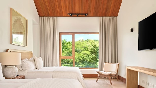A hotel room with a large bed, a desk, a chair, a TV, and a window with a view of greenery.