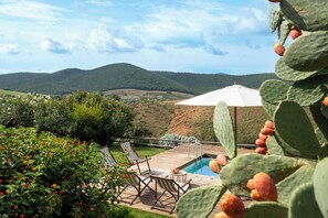 Ein Poolbereich mit Holzterrasse, Liegestühlen und Blick auf eine Berglandschaft.