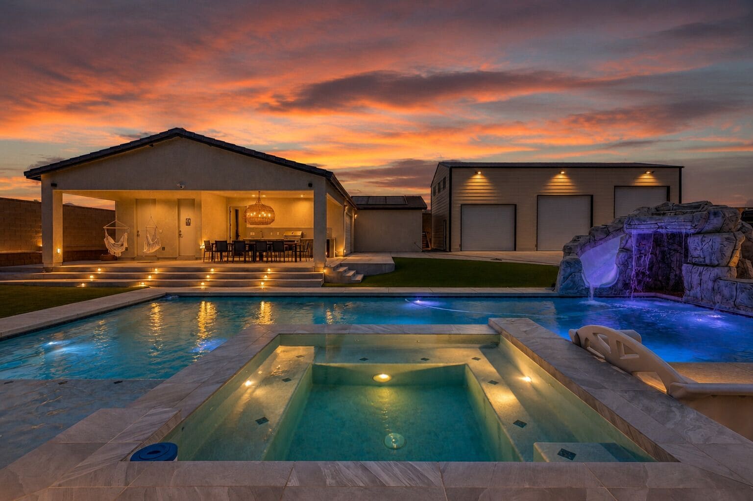 A swimming pool with a hot tub, a covered patio, and a waterfall feature.