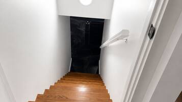 A staircase with wooden steps leading to a black door.