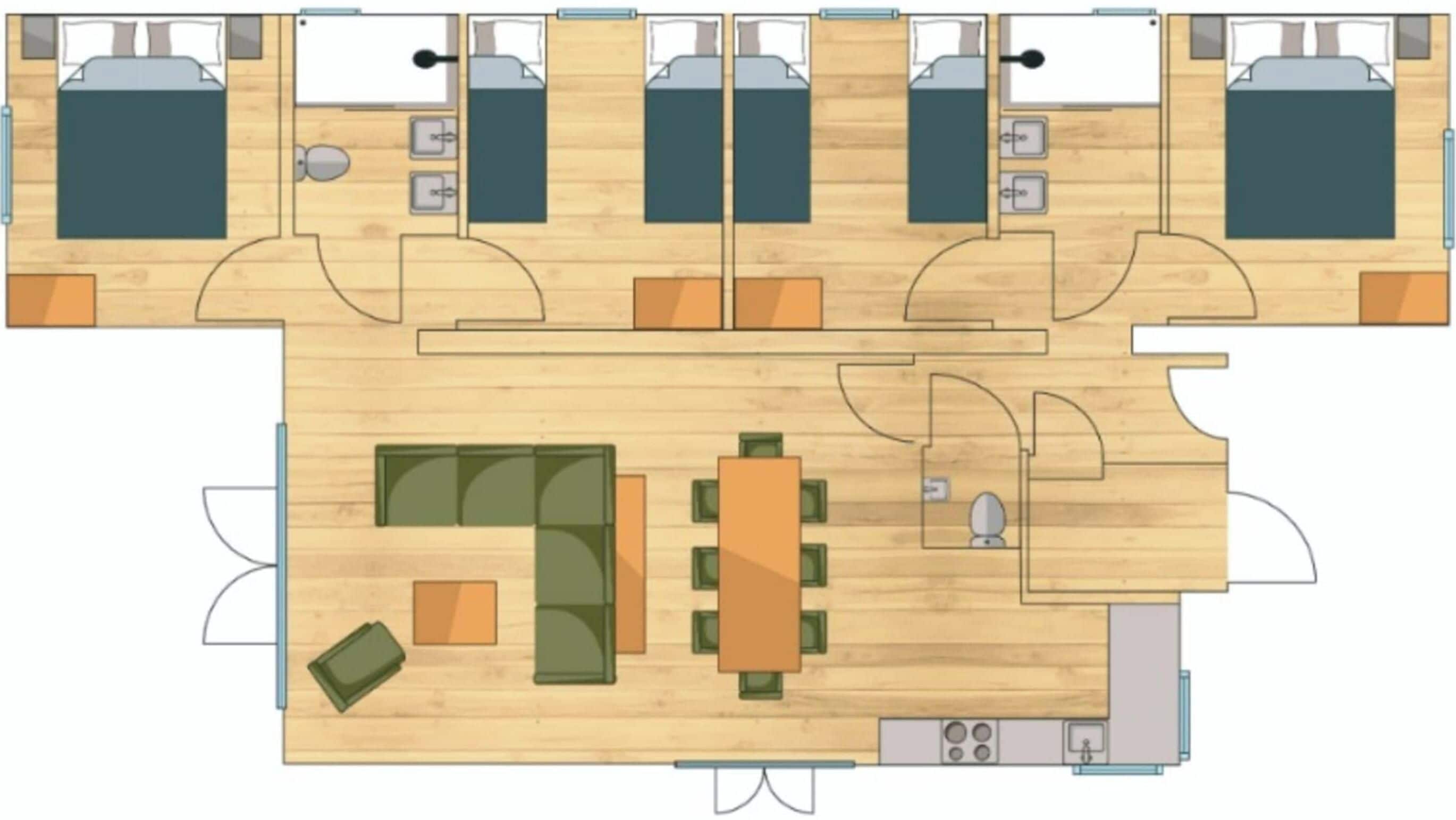 A hotel floor plan with four bedrooms, a dining area, a kitchen, and a bathroom.