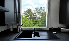A modern kitchen with a large window, a sink, and a countertop. - COMBINING CLASSIC PARISIAN ARCHITECTURE WITH CONTEMPORARY COMFORT - 2 BEDROOM (Paris)