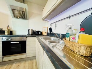 A modern kitchen with stainless steel appliances, a built-in oven, a double sink, and a variety of kitchen utensils and cleaning products. - Modern Flat | Old Town Views, Central Ipswich (Suffolk)