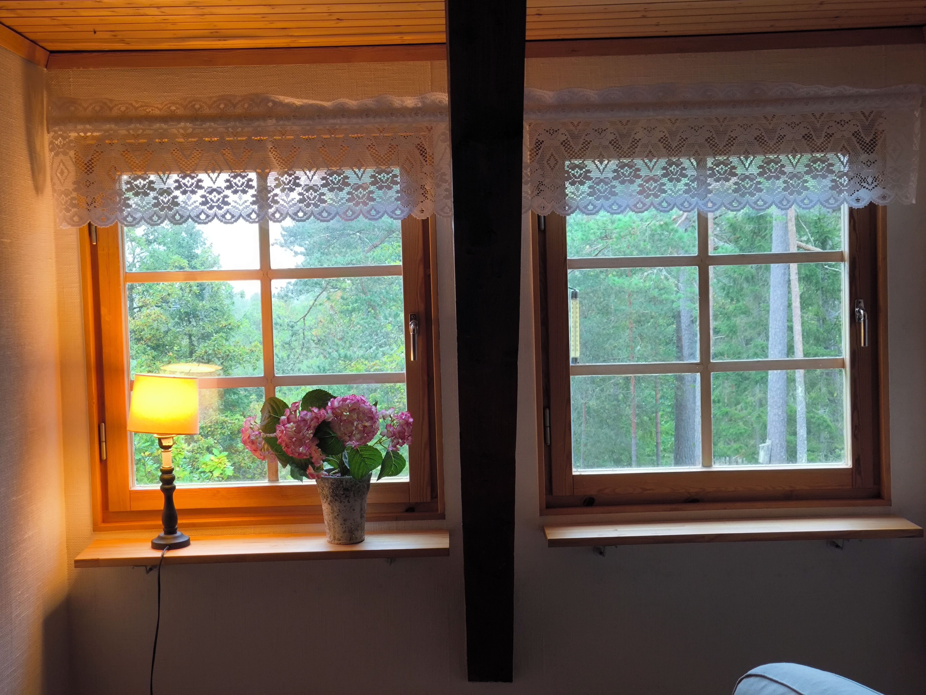 Ein Zimmer mit Fenster, verziert mit einem Spitzendesign, einem Blumentopf mit rosa Blüten und einer Lampe auf einem Holzregal.