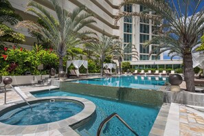 A pool area with a hot tub, lounge chairs, and palm trees. - Mountain-city Views Condo at Allure W/parking (Honolulu)