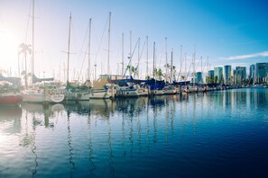 Eine Marina mit mehreren Segelbooten an den Liegen, ruhigem Wasser und einer Stadtkulisse im Hintergrund.