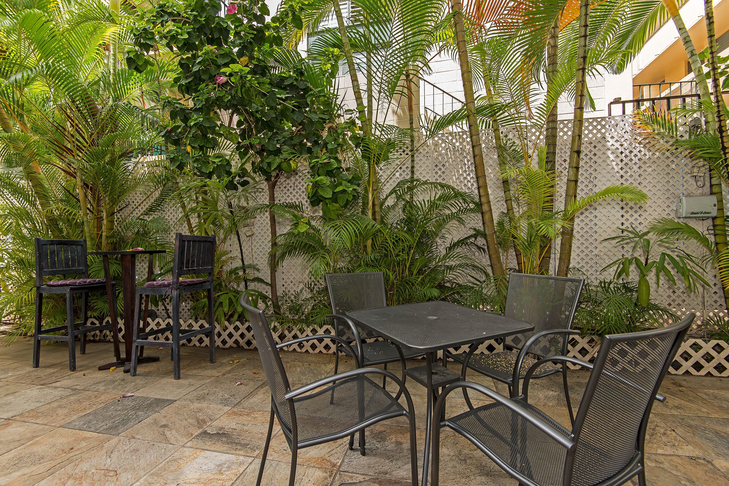 An outdoor patio with a table and chairs, surrounded by lush greenery and a decorative fence.