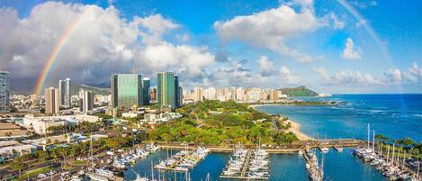 A marina with numerous boats docked, a city skyline in the background, and a rainbow in the sky.